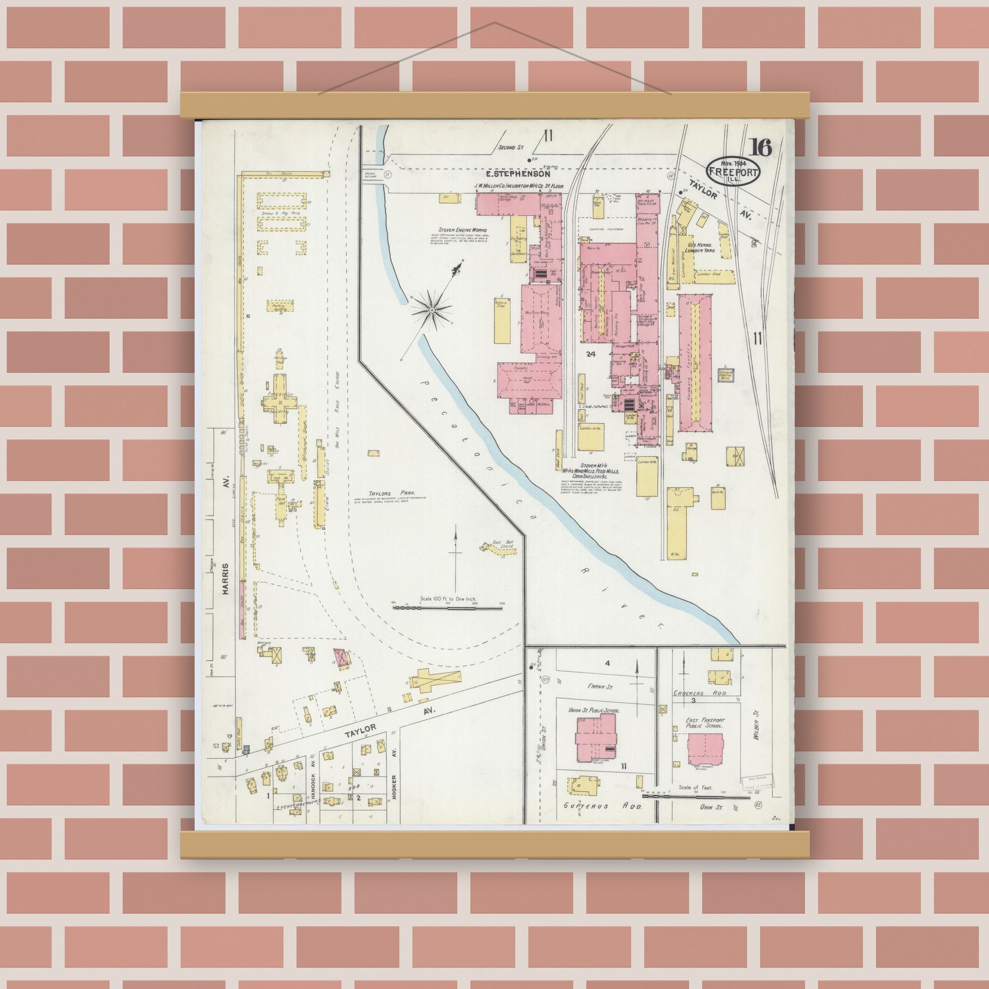 Old map wall art mockup — magnetic wood frame on brick wall — Sanborn Fire Insurance Map from Freeport, Stephenson County, Illinois (1904), Sheet #0016