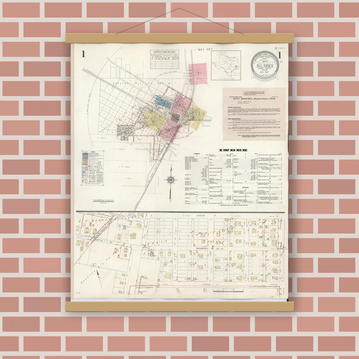 Old map wall art mockup — magnetic wood frame on brick wall — Sanborn Fire Insurance Map from Silsbee, Hardin County, Texas (1942) - Complete Map Set