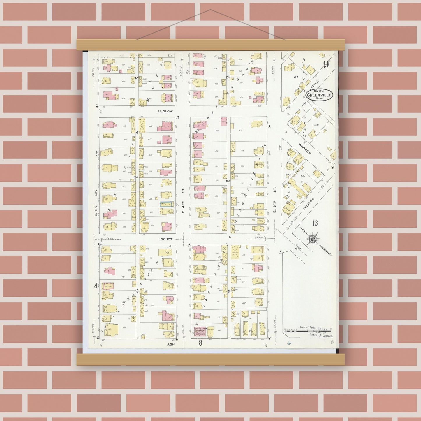 Old map wall art mockup — magnetic wood frame on brick wall — Sanborn Fire Insurance Map from Greenville, Darke County, Ohio (1910), Sheet #0009