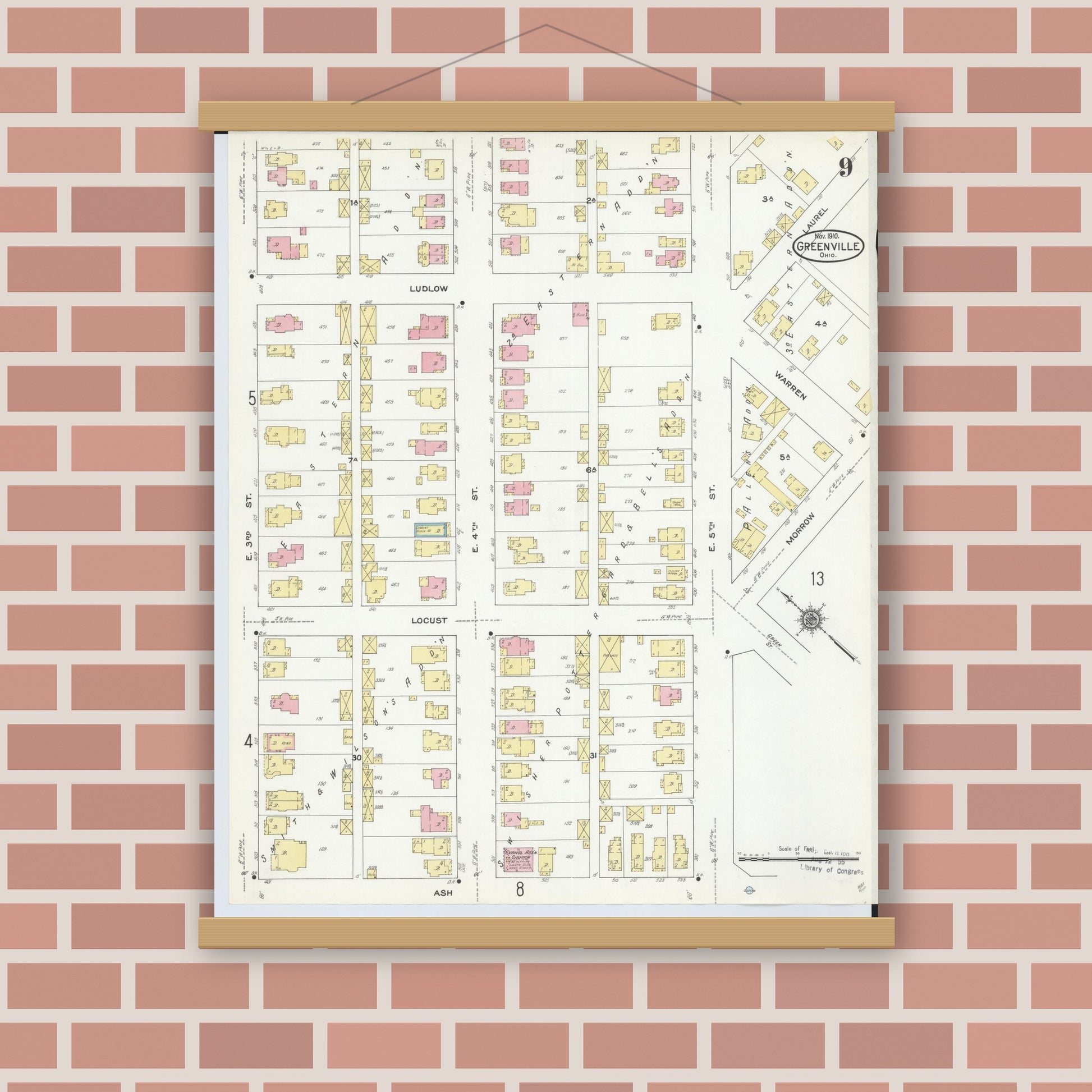 Old map wall art mockup — magnetic wood frame on brick wall — Sanborn Fire Insurance Map from Greenville, Darke County, Ohio (1910), Sheet #0009