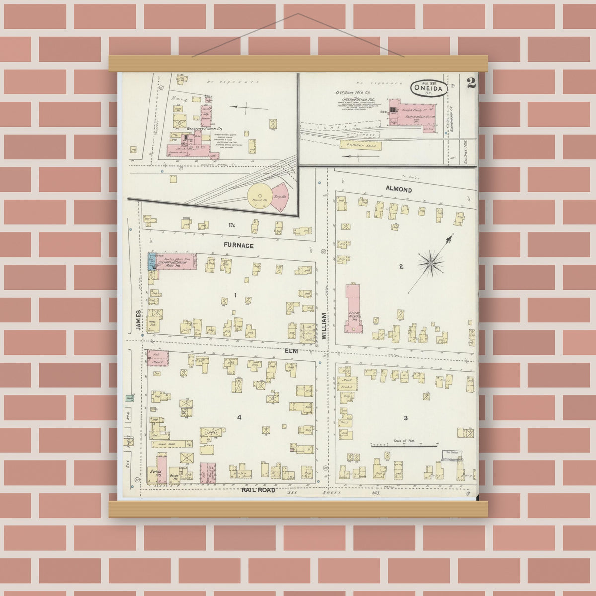 Old map wall art mockup — magnetic wood frame on brick wall — Sanborn Fire Insurance Map from Oneida, Madison County, New York (1890) - Complete Map Set