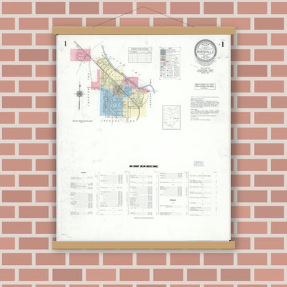 Old map wall art mockup — magnetic wood frame on brick wall — Sanborn Fire Insurance Map from Byesville, Guernsey County, Ohio (1948), Sheet #0001