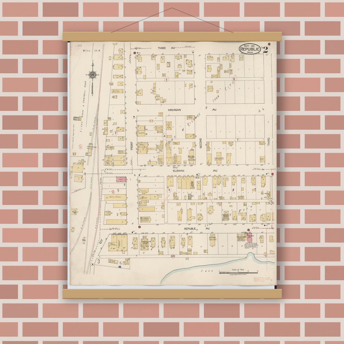 Old map wall art mockup — magnetic wood frame on brick wall — Sanborn Fire Insurance Map from Republic, Marquette County, Michigan (1922), Sheet #0002