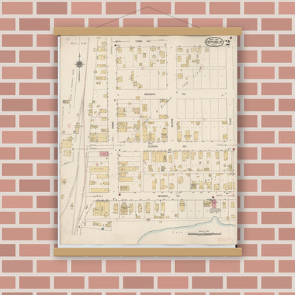 Old map wall art mockup — magnetic wood frame on brick wall — Sanborn Fire Insurance Map from Republic, Marquette County, Michigan (1922), Sheet #0002