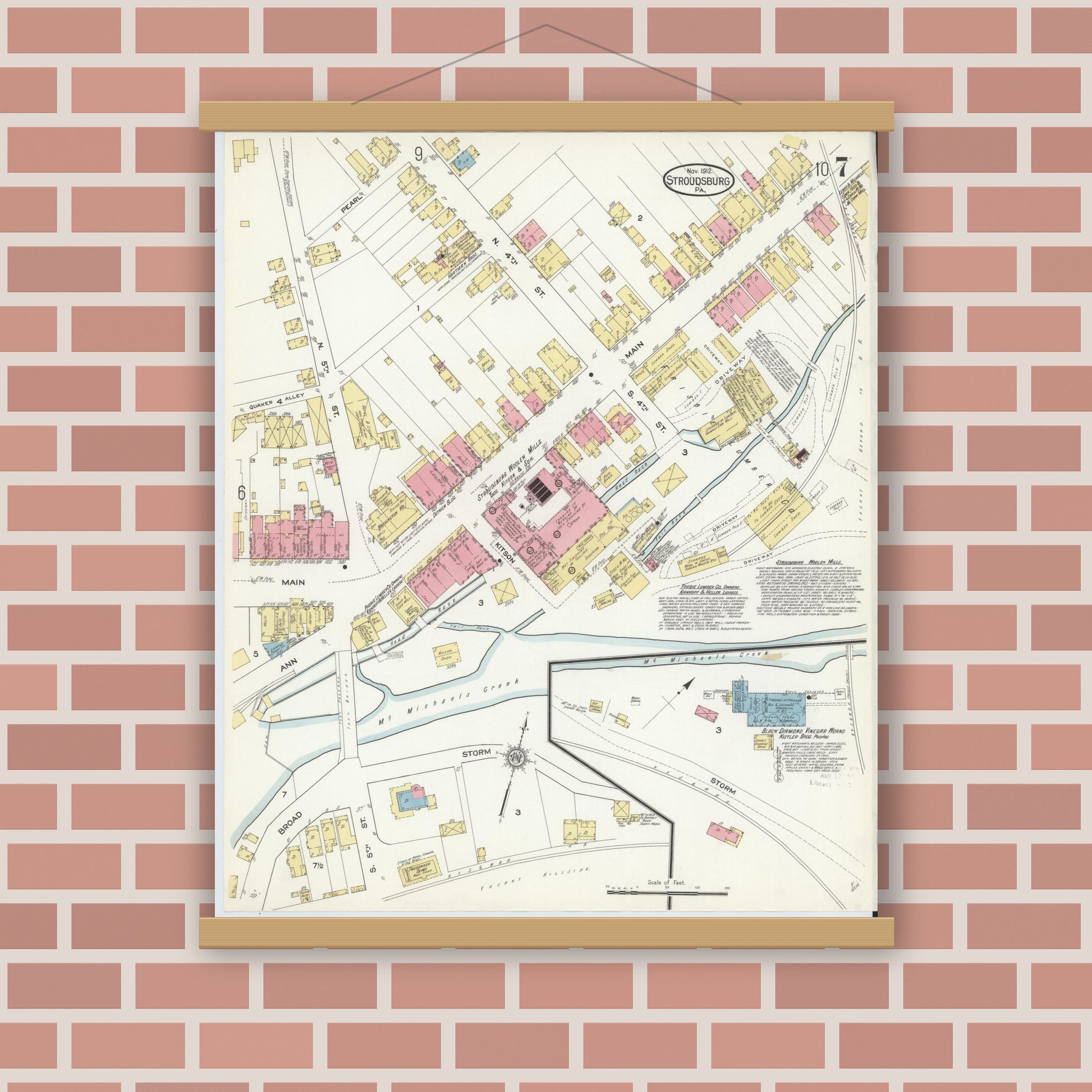 Old map wall art mockup — magnetic wood frame on brick wall — Sanborn Fire Insurance Map from Stroudsburg, Monroe County, Pennsylvania (1912), Sheet #0007