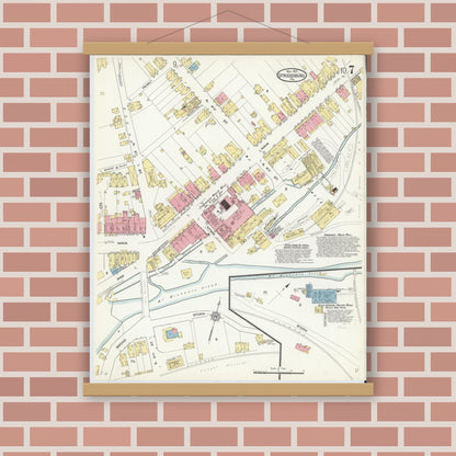 Old map wall art mockup — magnetic wood frame on brick wall — Sanborn Fire Insurance Map from Stroudsburg, Monroe County, Pennsylvania (1912), Sheet #0007
