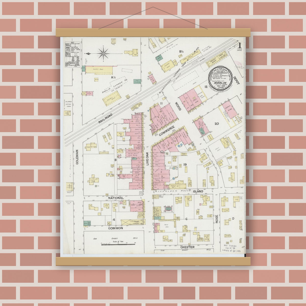 Old map wall art mockup — magnetic wood frame on brick wall — Sanborn Fire Insurance Map from Marlin, Falls County, Texas (1889), Sheet #0001