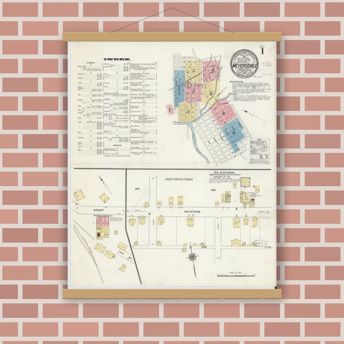 Old map wall art mockup — magnetic wood frame on brick wall — Sanborn Fire Insurance Map from Meyersdale, Somerset County, Pennsylvania (1910), Sheet #0001