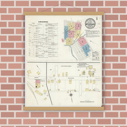 Old map wall art mockup — magnetic wood frame on brick wall — Sanborn Fire Insurance Map from Meyersdale, Somerset County, Pennsylvania (1910), Sheet #0001