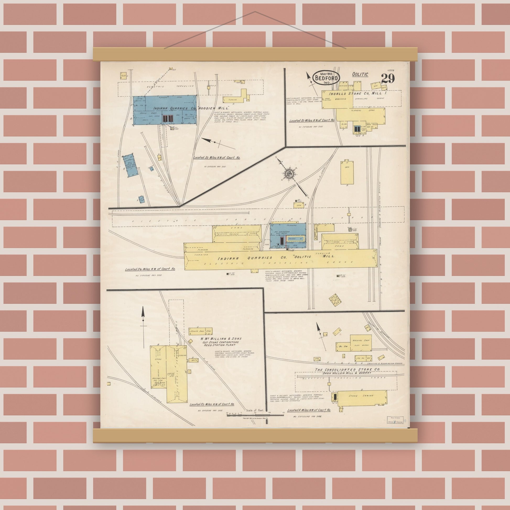 Old map wall art mockup — magnetic wood frame on brick wall — Sanborn Fire Insurance Map from Bedford, Lawrence County, Indiana (1922), Sheet #0029