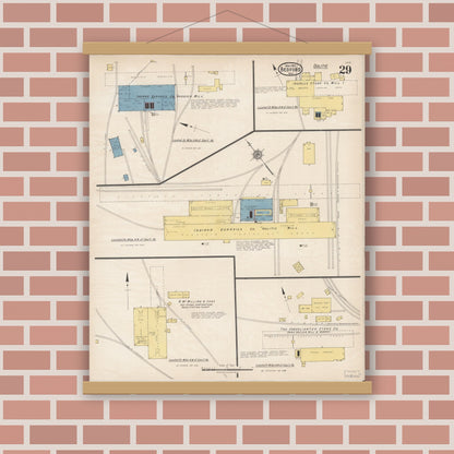 Old map wall art mockup — magnetic wood frame on brick wall — Sanborn Fire Insurance Map from Bedford, Lawrence County, Indiana (1922), Sheet #0029