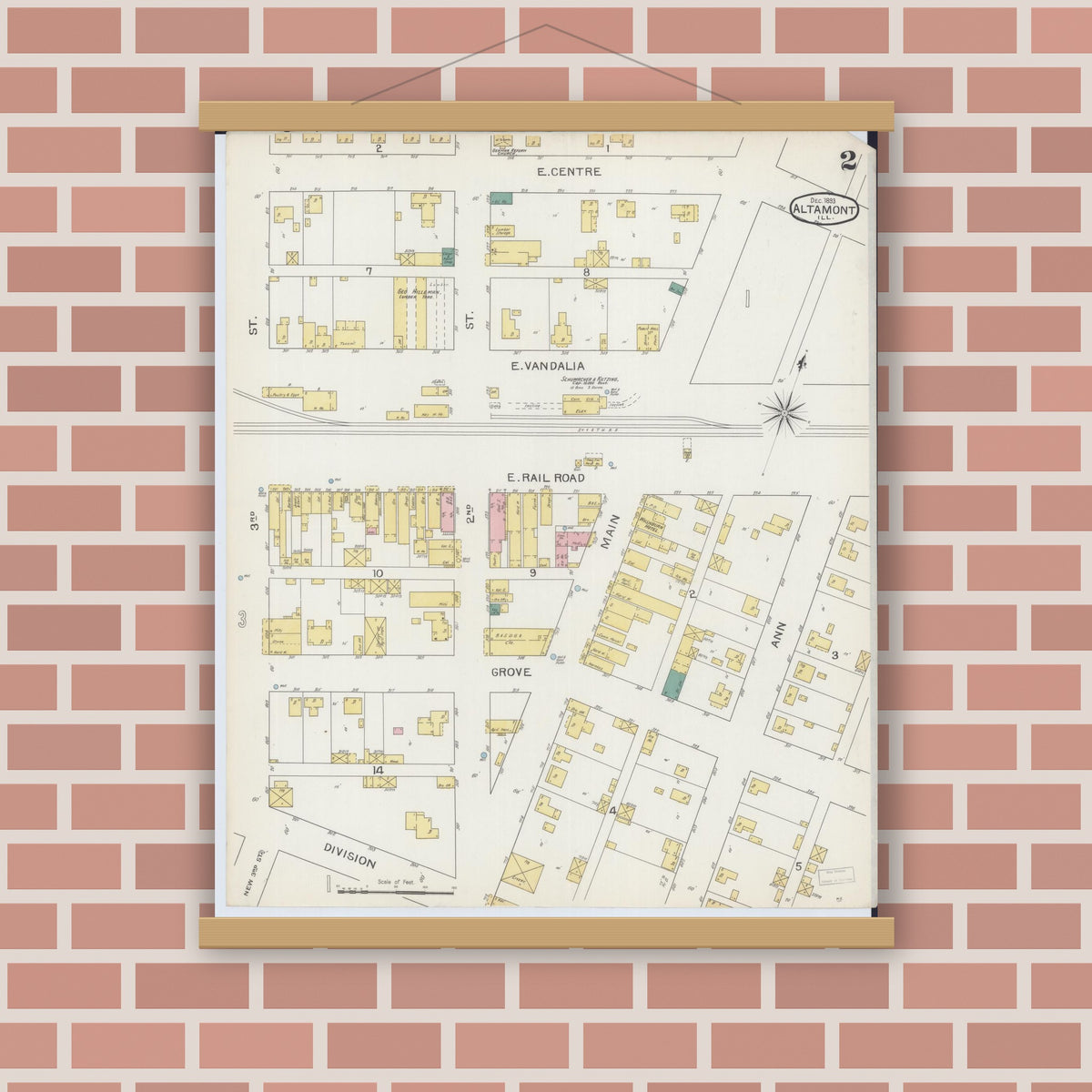 Old map wall art mockup — magnetic wood frame on brick wall — Sanborn Fire Insurance Map from Altamont, Effingham County, Illinois (1893), Sheet #0002