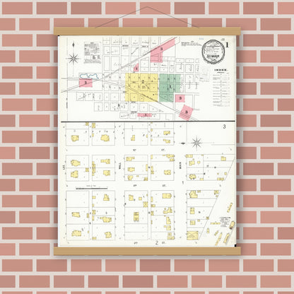 Old map wall art mockup — magnetic wood frame on brick wall — Sanborn Fire Insurance Map from Seymour, Wayne County, Iowa (1900), Sheet #0001