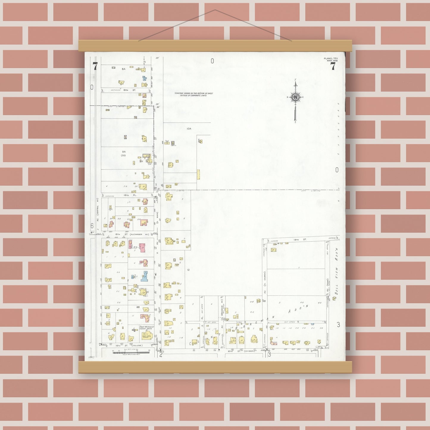 Old map wall art mockup — magnetic wood frame on brick wall — Sanborn Fire Insurance Map from Plano, Collin County, Texas (1949), Sheet #0007