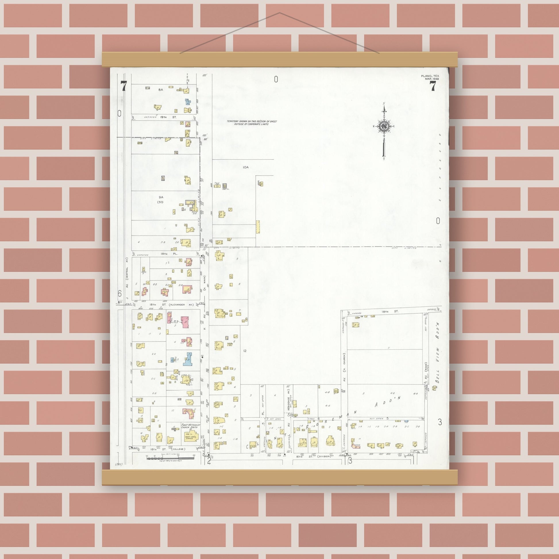Old map wall art mockup — magnetic wood frame on brick wall — Sanborn Fire Insurance Map from Plano, Collin County, Texas (1949), Sheet #0007