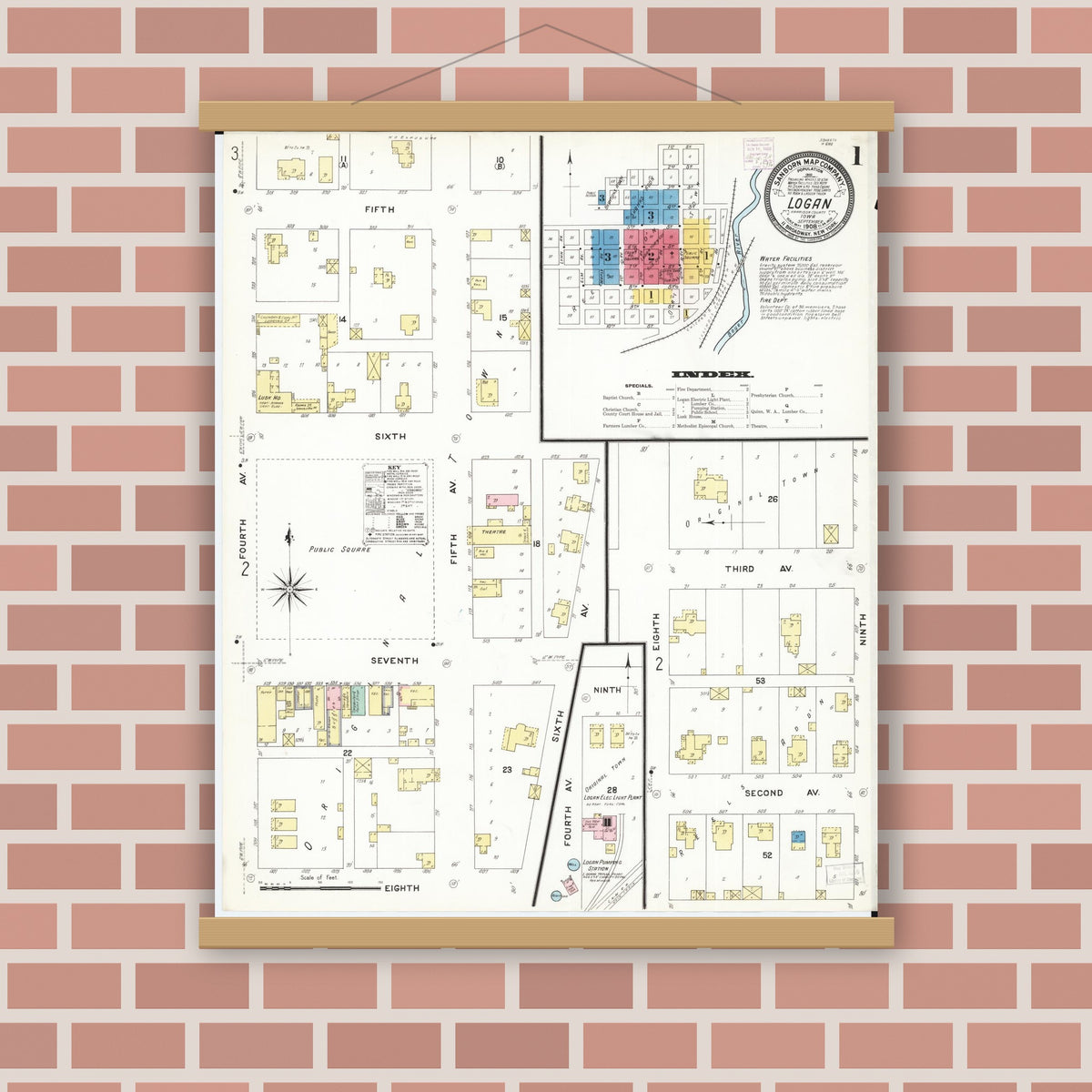 Old map wall art mockup — magnetic wood frame on brick wall — Sanborn Fire Insurance Map from Logan, Harrison County, Iowa (1908) â€” Complete Set