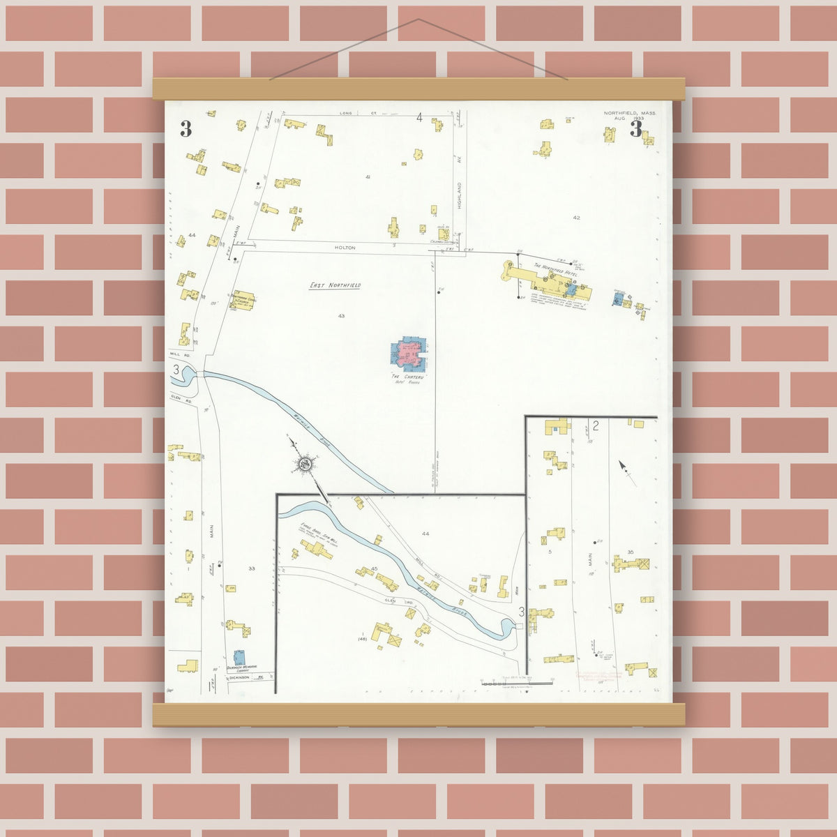 Old map wall art mockup — magnetic wood frame on brick wall — Sanborn Fire Insurance Map from Northfield, Franklin County, Massachusetts (1933), Sheet #0003