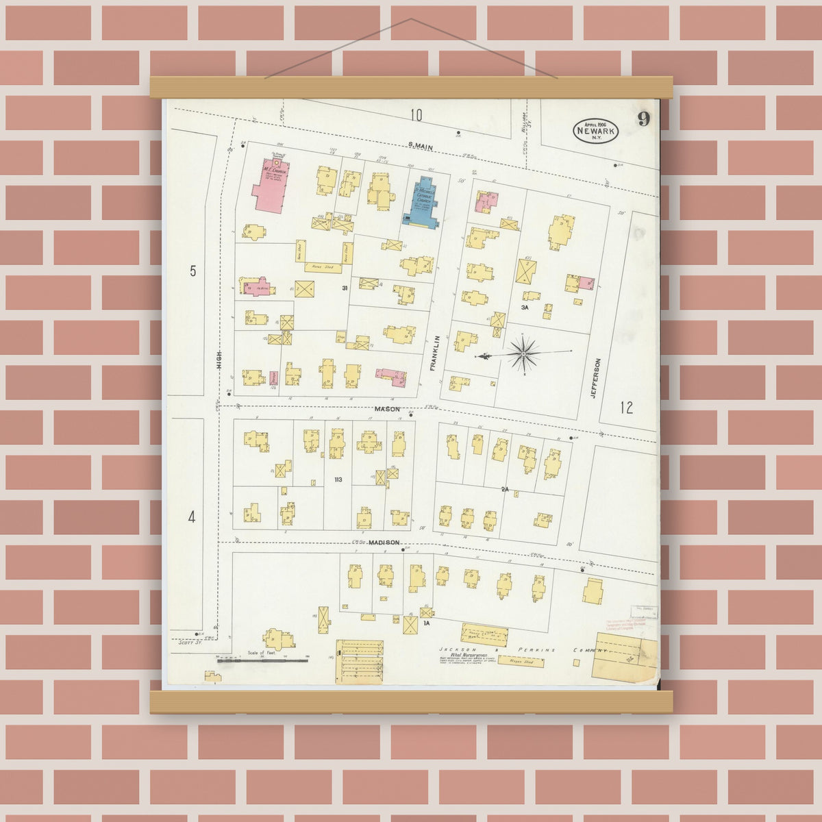 Old map wall art mockup — magnetic wood frame on brick wall — Sanborn Fire Insurance Map from Newark, Wayne County, New York (1906), Sheet #0009