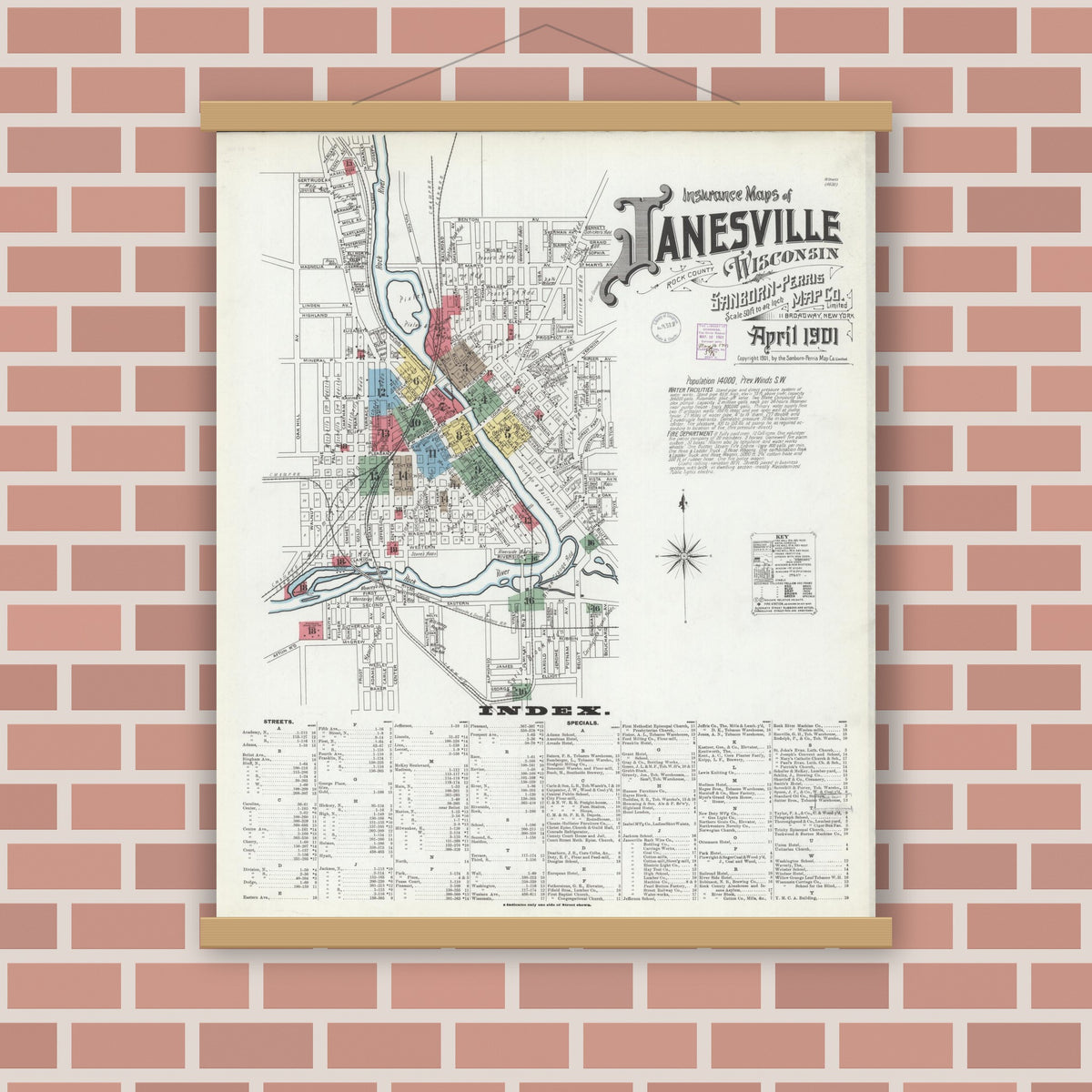 Old map wall art mockup — magnetic wood frame on brick wall — Sanborn Fire Insurance Map from Janesville, Rock County, Wisconsin (1901) - Complete Map Set