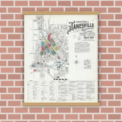Old map wall art mockup — magnetic wood frame on brick wall — Sanborn Fire Insurance Map from Janesville, Rock County, Wisconsin (1901) - Complete Map Set