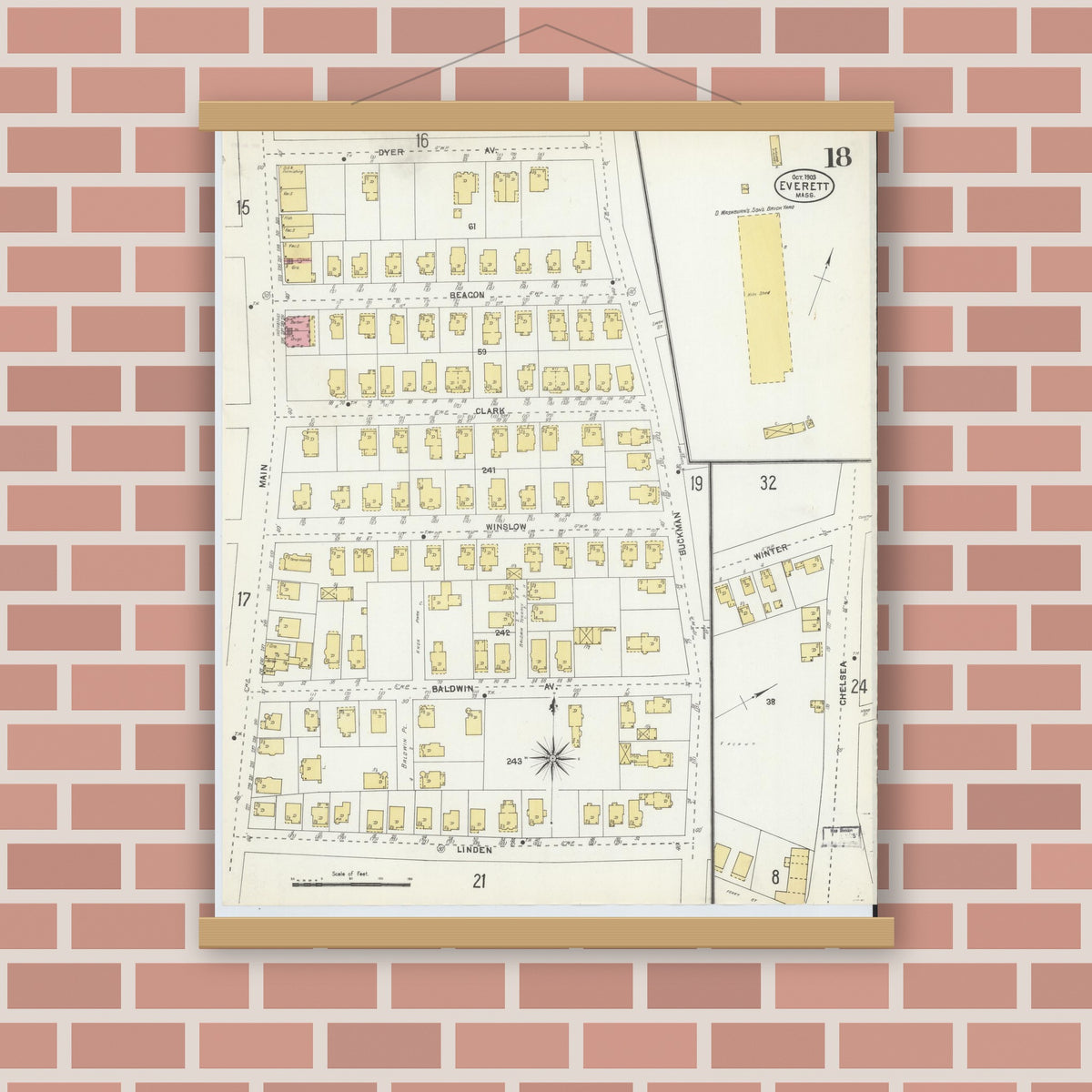 Old map wall art mockup — magnetic wood frame on brick wall — Sanborn Fire Insurance Map from Everett, Middlesex County, Massachusetts (1903), Sheet #0018