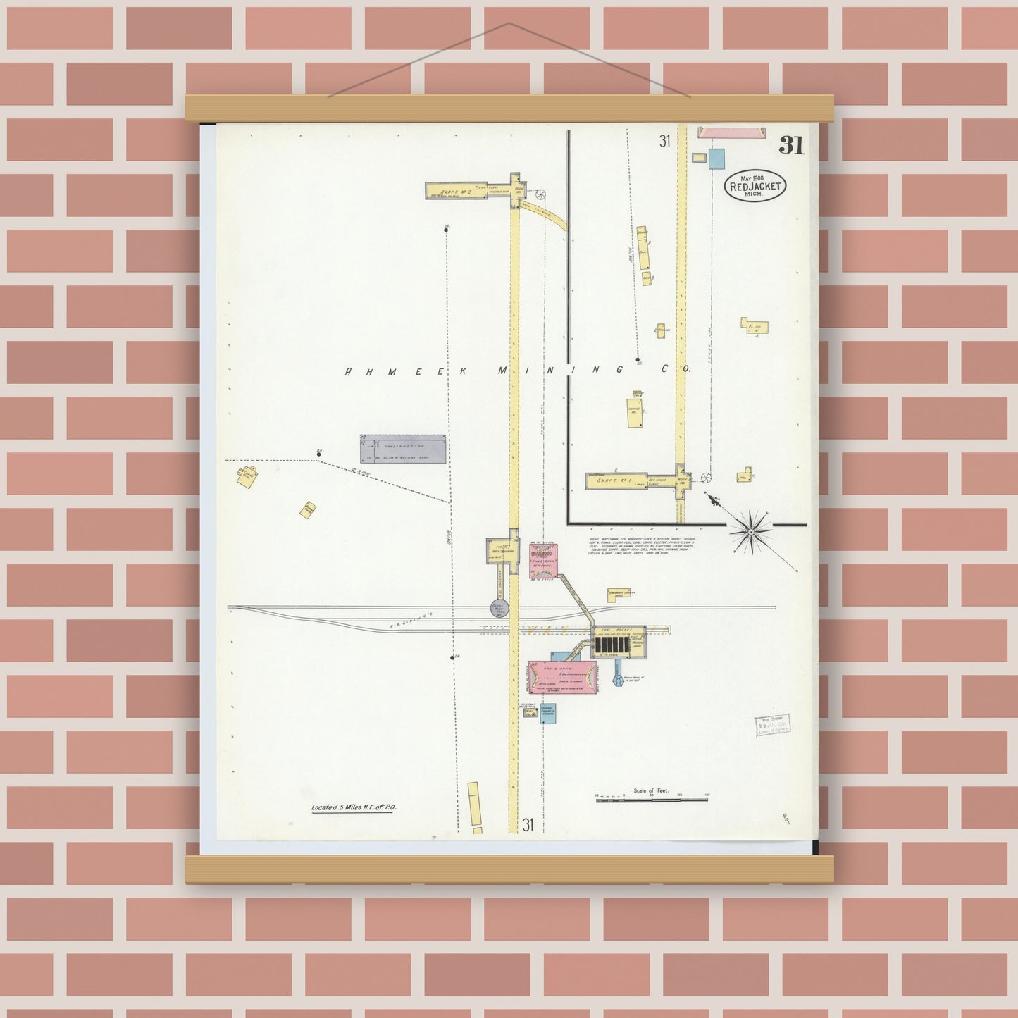 Old map wall art mockup — magnetic wood frame on brick wall — Sanborn Fire Insurance Map from Red Jacket, Houghton County, Michigan (1908), Sheet #0031