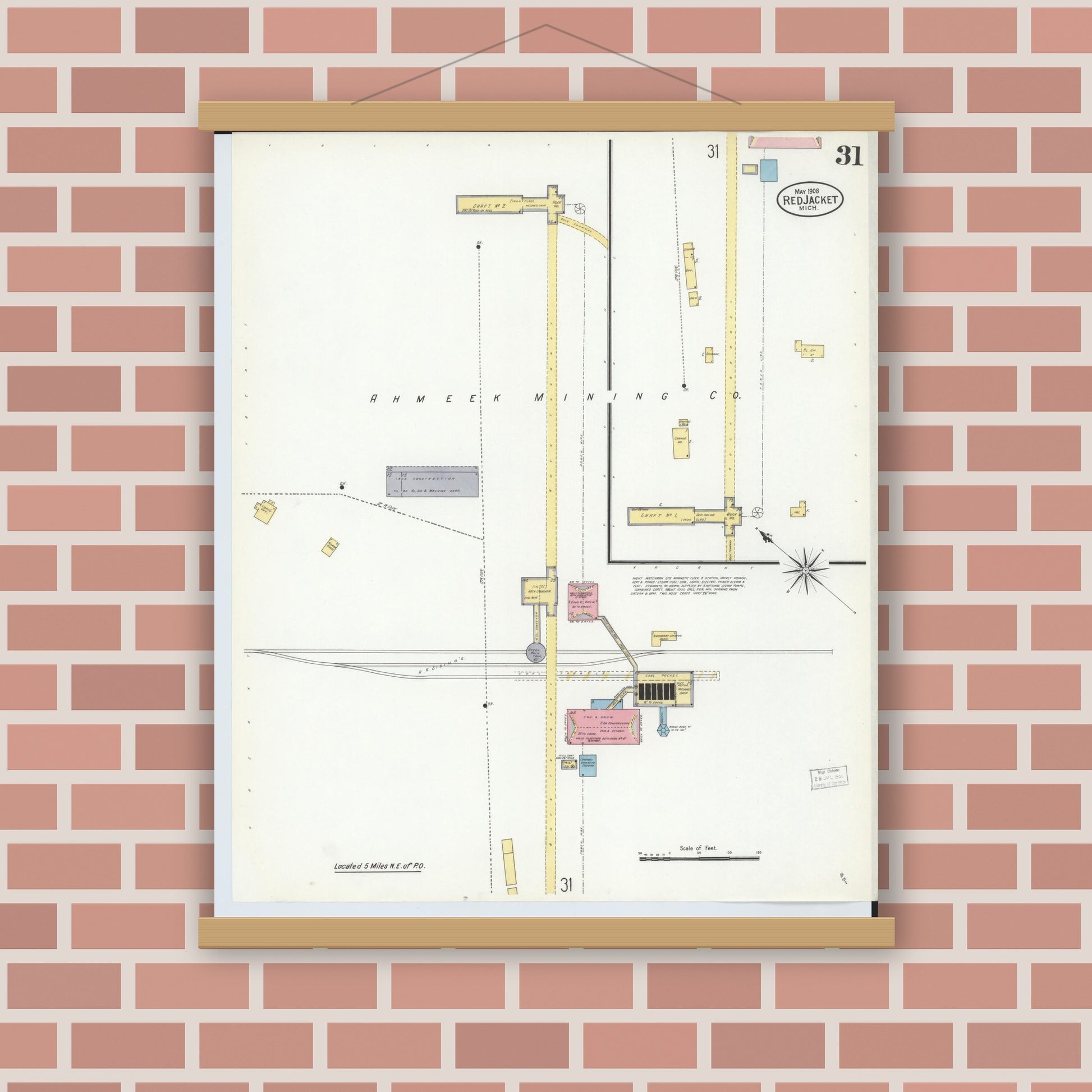 Old map wall art mockup — magnetic wood frame on brick wall — Sanborn Fire Insurance Map from Red Jacket, Houghton County, Michigan (1908), Sheet #0031