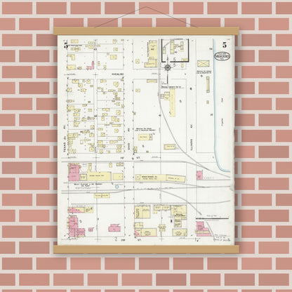 Old map wall art mockup — magnetic wood frame on brick wall — Sanborn Fire Insurance Map from Mercedes, Hidalgo County, Texas (1925), Sheet #0005