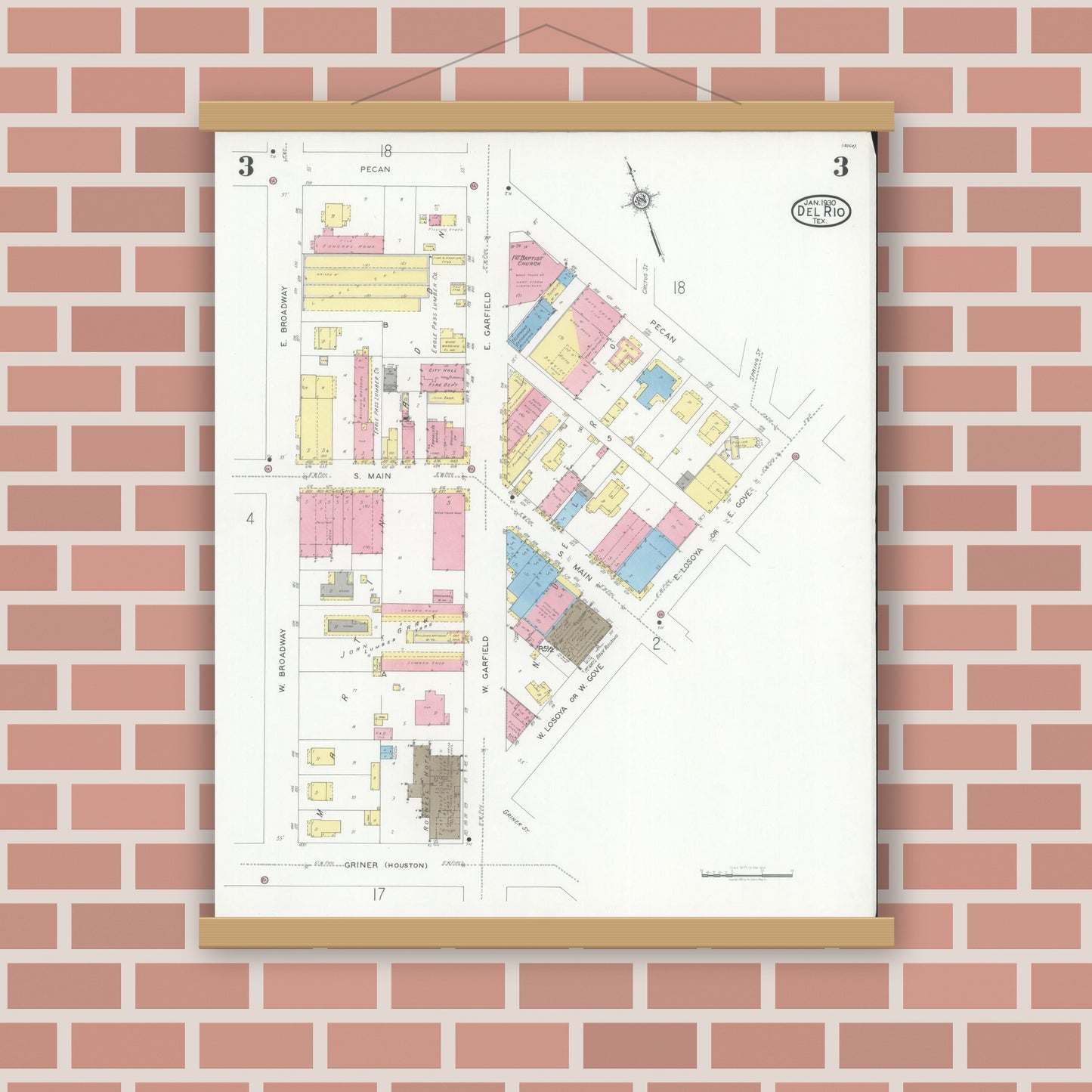 Old map wall art mockup — magnetic wood frame on brick wall — Sanborn Fire Insurance Map from Del Rio, Val Verde County, Texas (1930), Sheet #0003