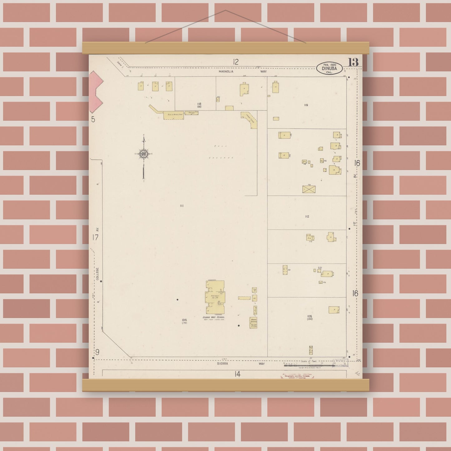 Old map wall art mockup — magnetic wood frame on brick wall — Sanborn Fire Insurance Map from Dinuba, Tulare County, California (1920), Sheet #0013