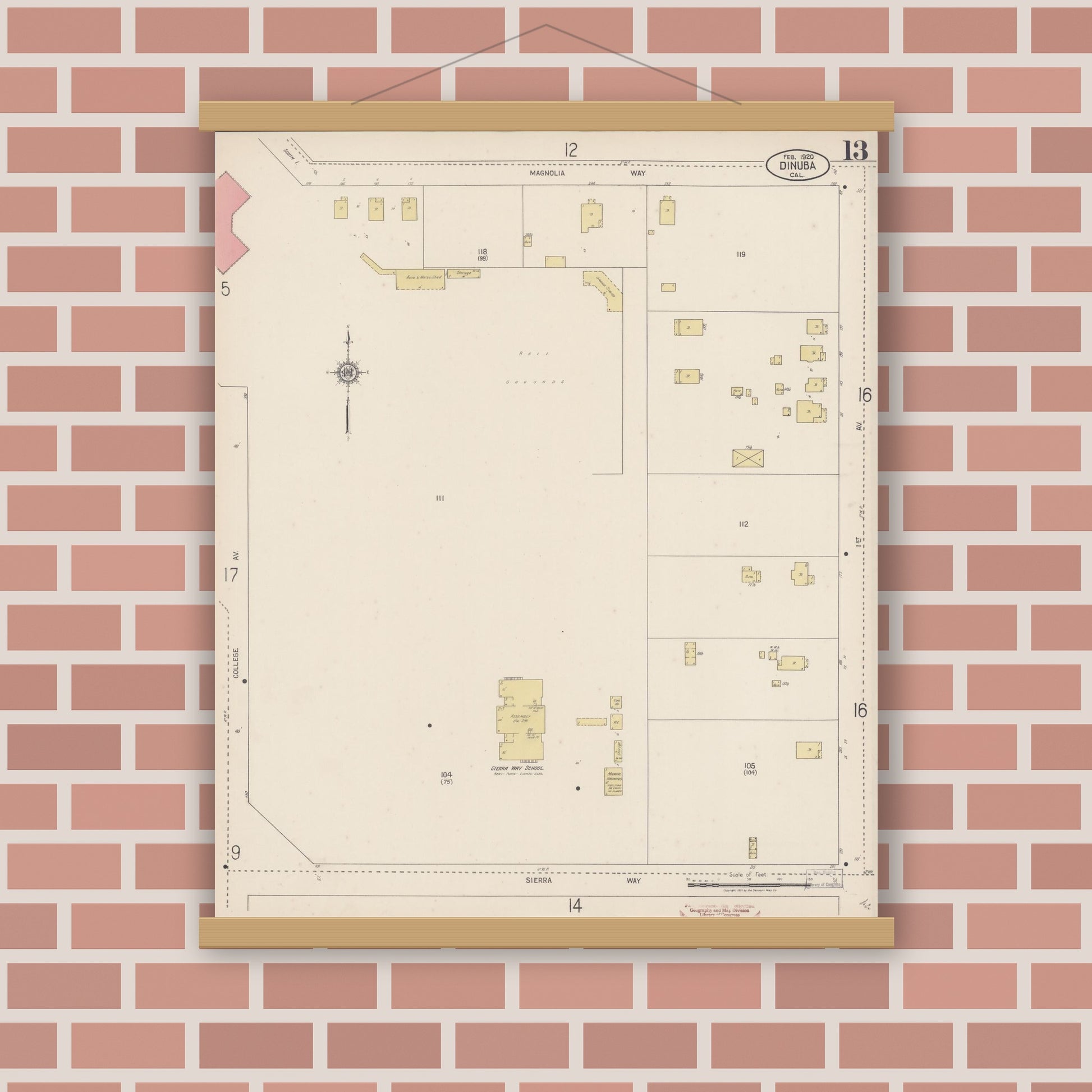 Old map wall art mockup — magnetic wood frame on brick wall — Sanborn Fire Insurance Map from Dinuba, Tulare County, California (1920), Sheet #0013