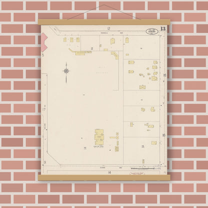 Old map wall art mockup — magnetic wood frame on brick wall — Sanborn Fire Insurance Map from Dinuba, Tulare County, California (1920), Sheet #0013