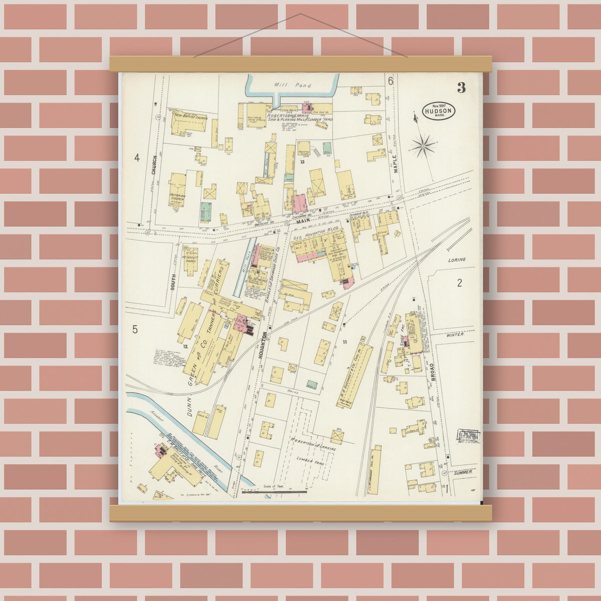Old map wall art mockup — magnetic wood frame on brick wall — Sanborn Fire Insurance Map from Hudson, Middlesex County, Massachusetts (1897), Sheet #0003