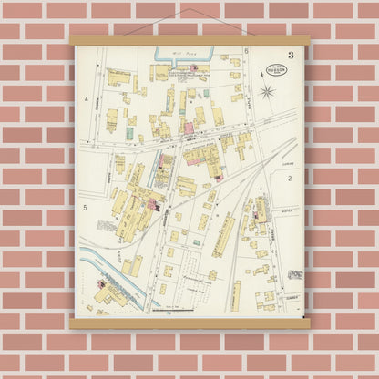 Old map wall art mockup — magnetic wood frame on brick wall — Sanborn Fire Insurance Map from Hudson, Middlesex County, Massachusetts (1897), Sheet #0003
