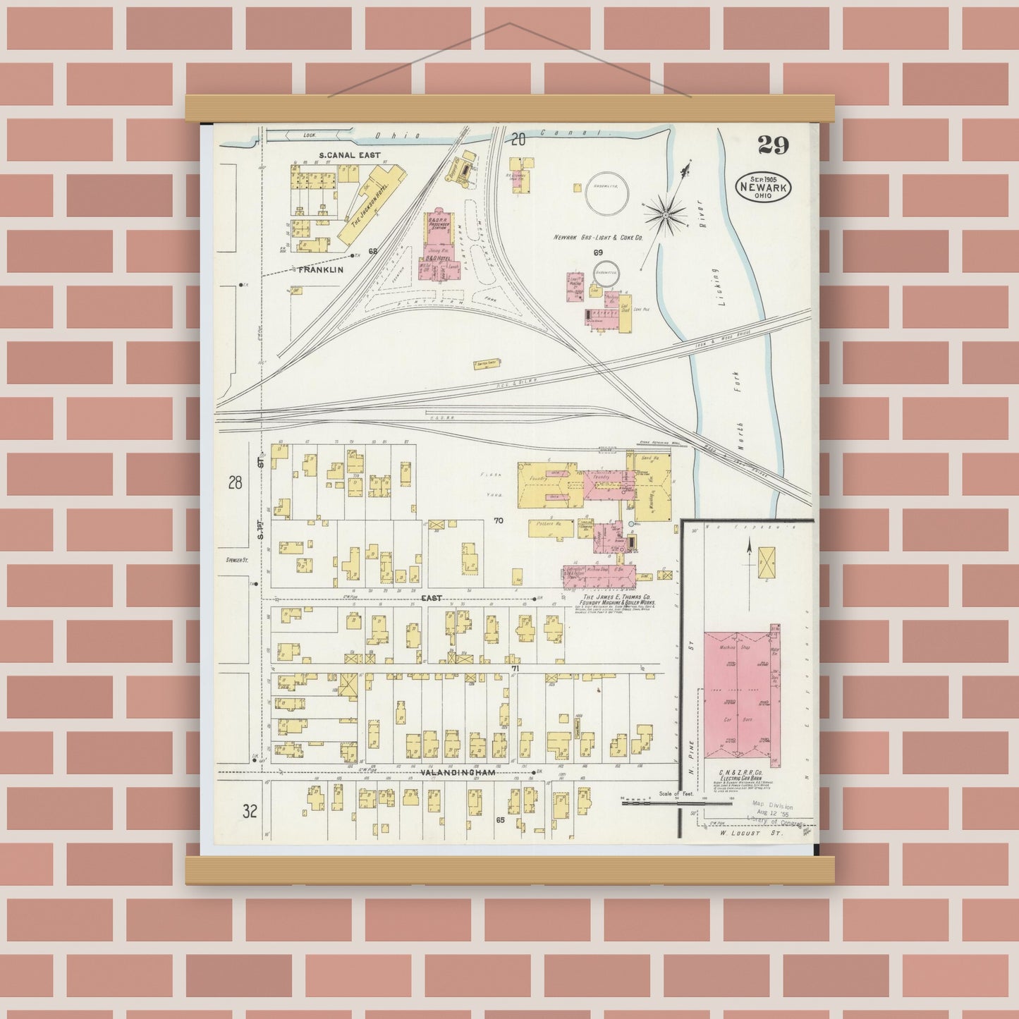 Old map wall art mockup — magnetic wood frame on brick wall — Sanborn Fire Insurance Map from Newark, Licking County, Ohio (1905), Sheet #0029