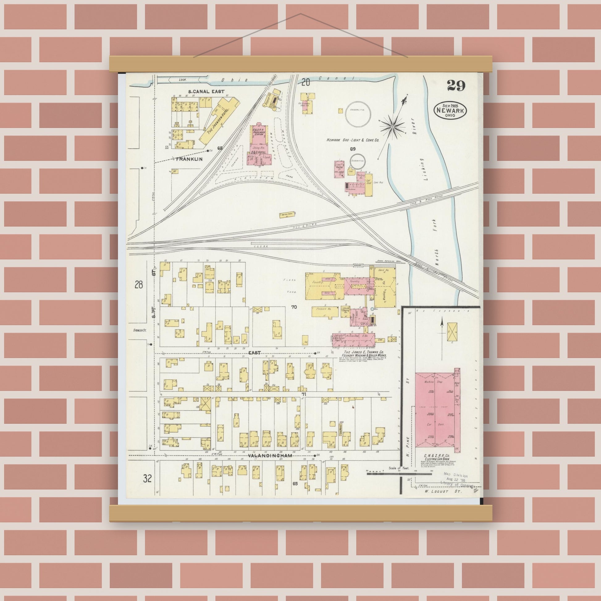 Old map wall art mockup — magnetic wood frame on brick wall — Sanborn Fire Insurance Map from Newark, Licking County, Ohio (1905), Sheet #0029