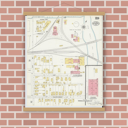Old map wall art mockup — magnetic wood frame on brick wall — Sanborn Fire Insurance Map from Newark, Licking County, Ohio (1905), Sheet #0029