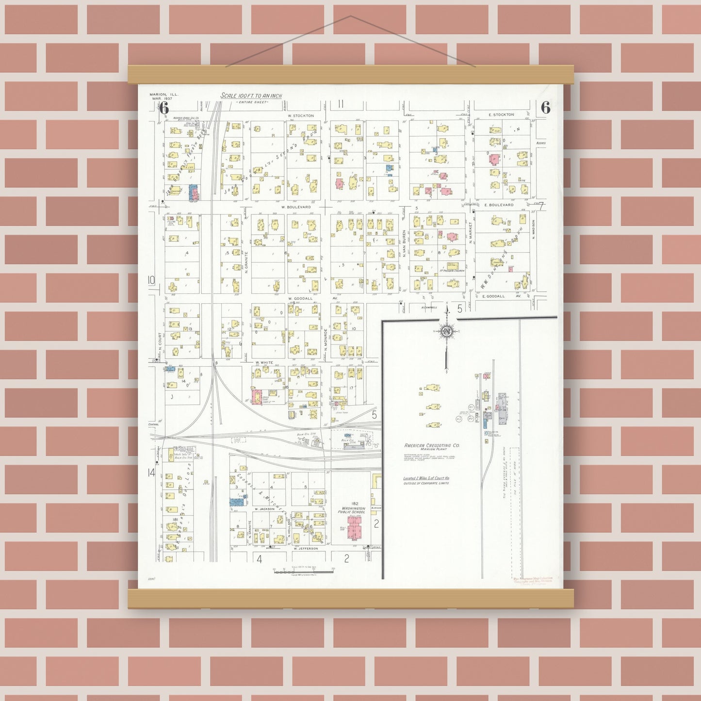 Old map wall art mockup — magnetic wood frame on brick wall — Sanborn Fire Insurance Map from Marion, Williamson County, Illinois (1937), Sheet #0006