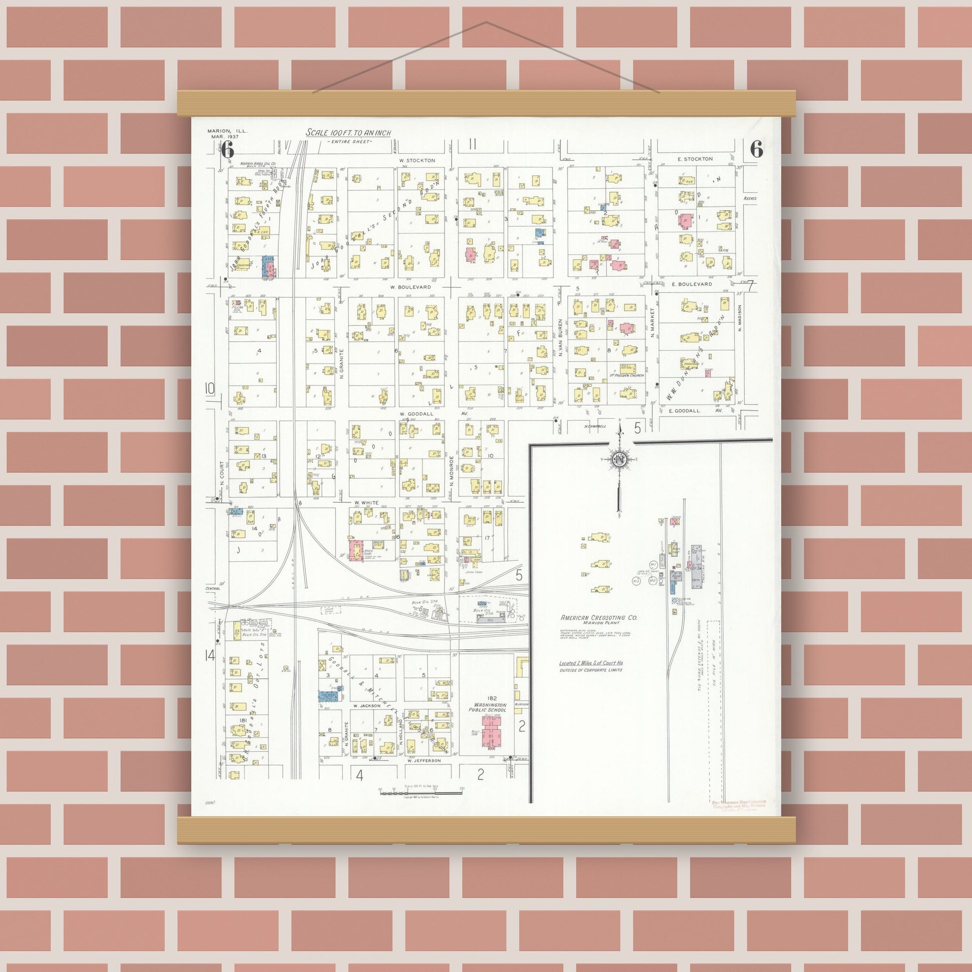 Old map wall art mockup — magnetic wood frame on brick wall — Sanborn Fire Insurance Map from Marion, Williamson County, Illinois (1937), Sheet #0006
