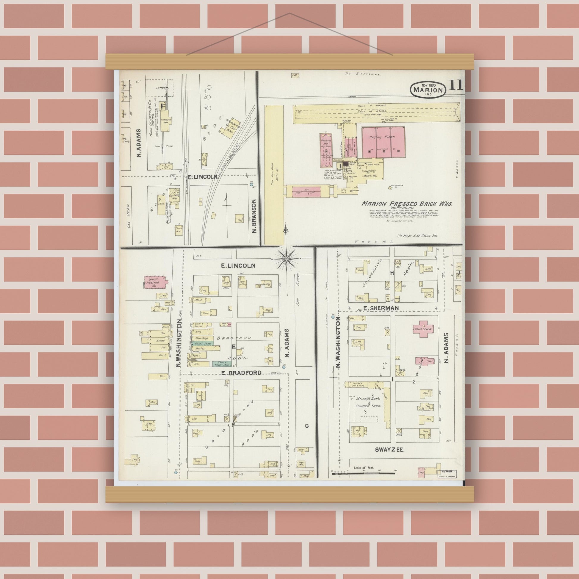 Old map wall art mockup — magnetic wood frame on brick wall — Sanborn Fire Insurance Map from Marion, Grant County, Indiana (1890), Sheet #0011