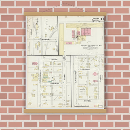 Old map wall art mockup — magnetic wood frame on brick wall — Sanborn Fire Insurance Map from Marion, Grant County, Indiana (1890), Sheet #0011