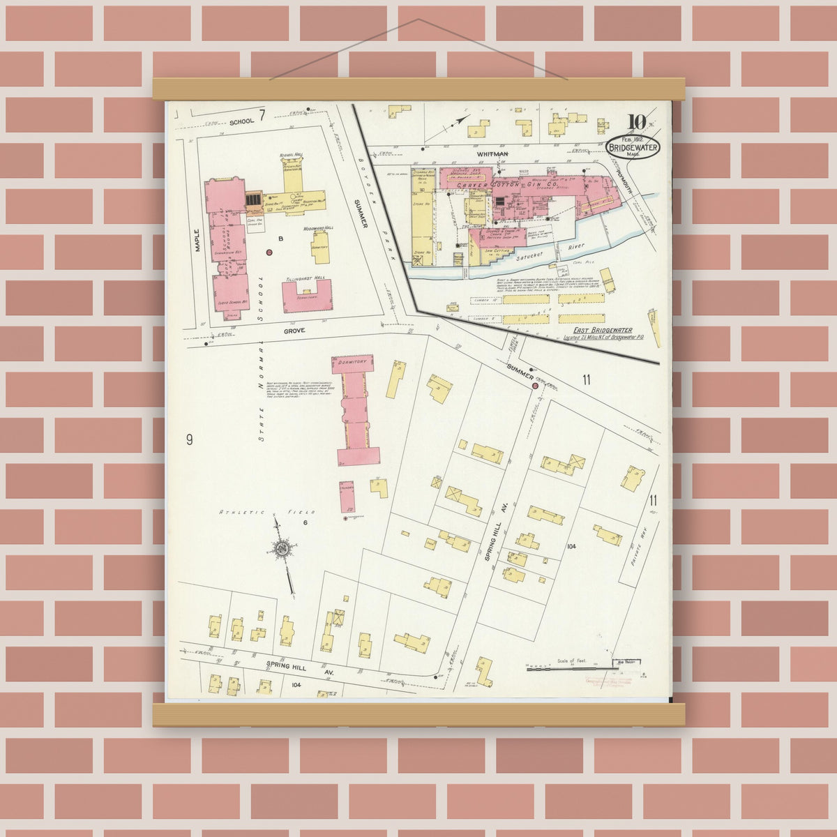 Old map wall art mockup — magnetic wood frame on brick wall — Sanborn Fire Insurance Map from Bridgewater, Plymouth County, Massachusetts (1912), Sheet #0010