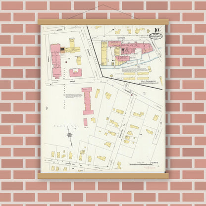 Old map wall art mockup — magnetic wood frame on brick wall — Sanborn Fire Insurance Map from Bridgewater, Plymouth County, Massachusetts (1912), Sheet #0010