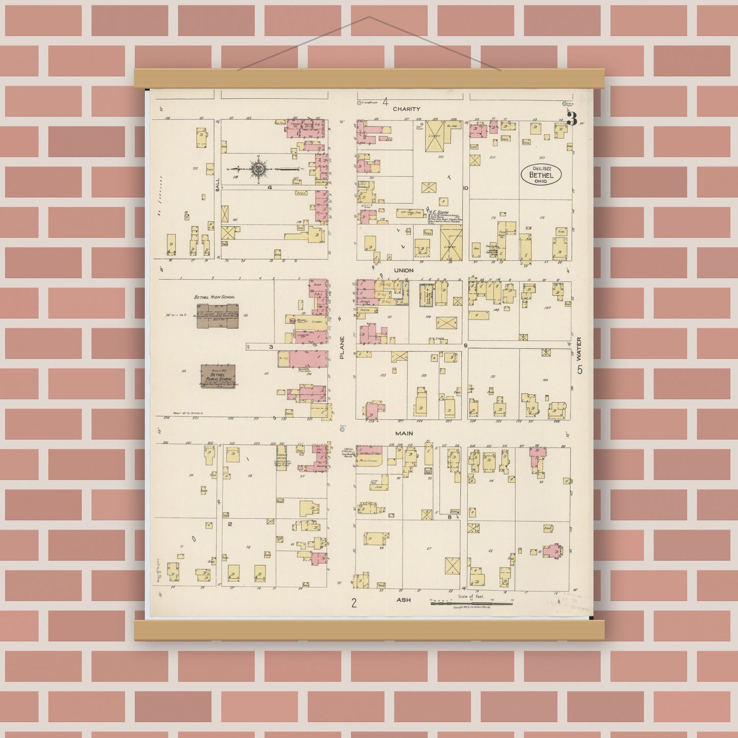 Old map wall art mockup — magnetic wood frame on brick wall — Sanborn Fire Insurance Map from Bethel, Clermont County, Ohio (1922), Sheet #0003