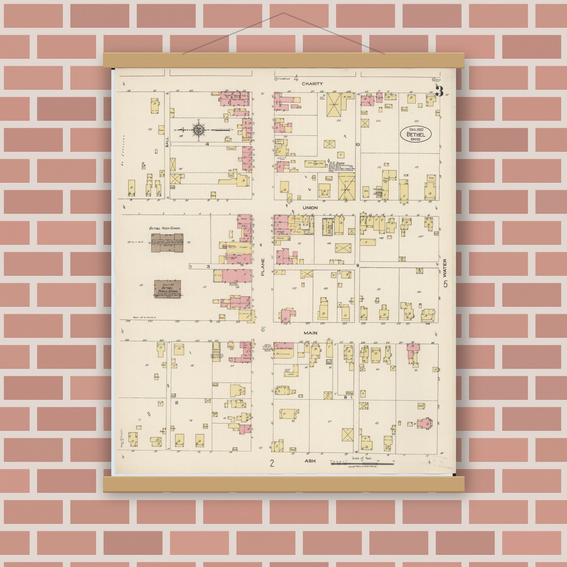 Old map wall art mockup — magnetic wood frame on brick wall — Sanborn Fire Insurance Map from Bethel, Clermont County, Ohio (1922), Sheet #0003