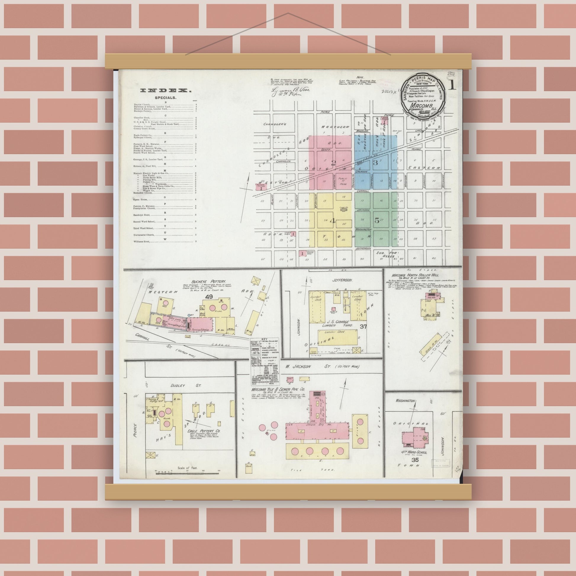 Old map wall art mockup — magnetic wood frame on brick wall — Sanborn Fire Insurance Map from Macomb, Mcdonough County, Illinois (1892), Sheet #0001