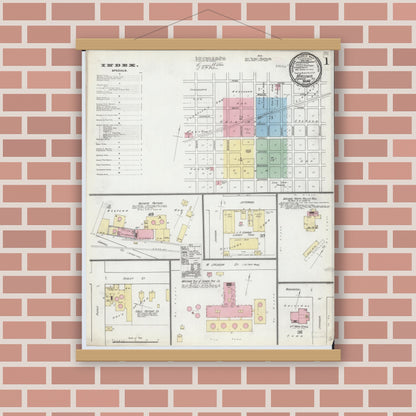 Old map wall art mockup — magnetic wood frame on brick wall — Sanborn Fire Insurance Map from Macomb, Mcdonough County, Illinois (1892), Sheet #0001