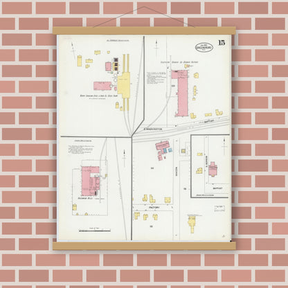 Old map wall art mockup — magnetic wood frame on brick wall — Sanborn Fire Insurance Map from Greensboro, Guilford County, North Carolina (1902), Sheet #0015