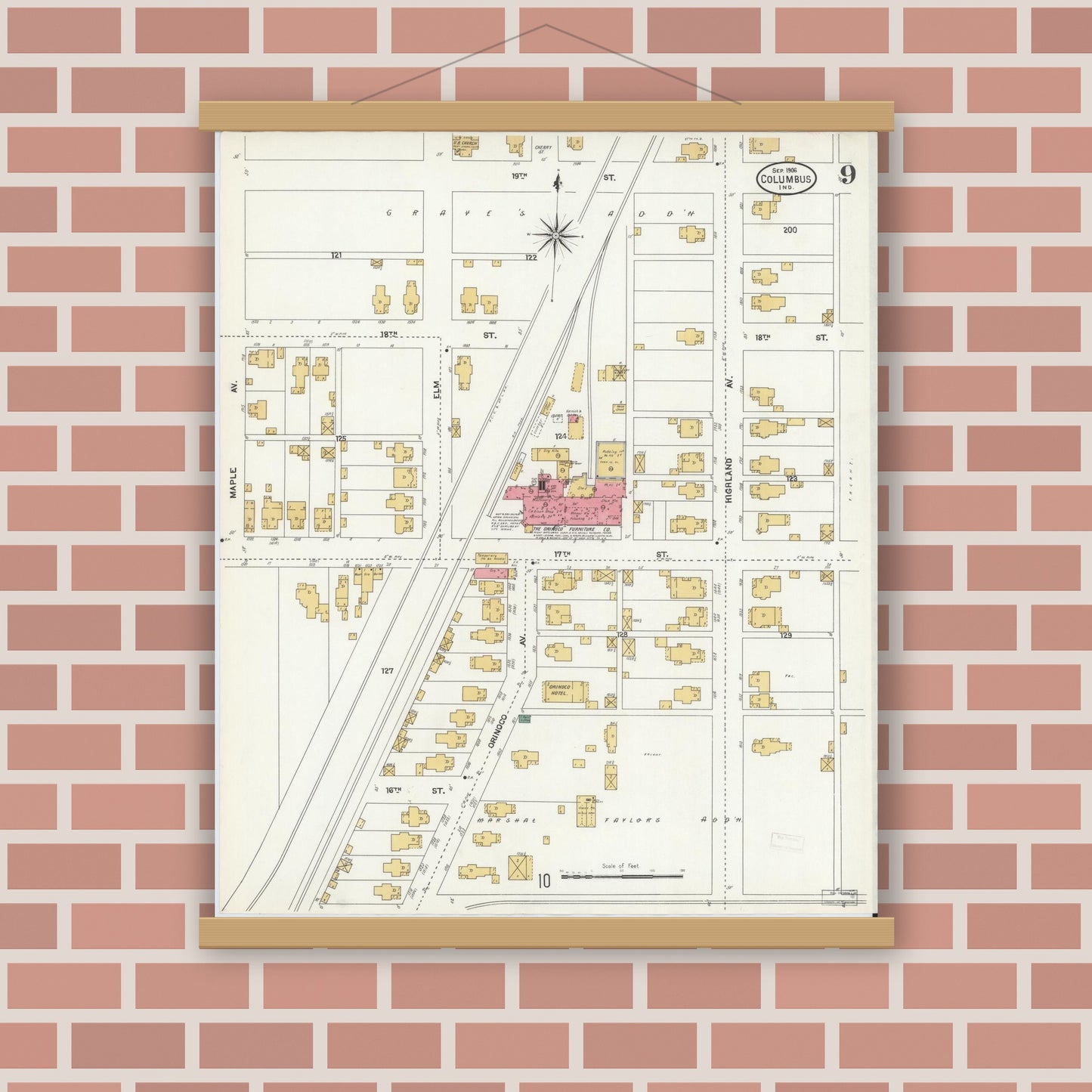Old map wall art mockup — magnetic wood frame on brick wall — Sanborn Fire Insurance Map from Columbus, Bartholomew County, Indiana (1906), Sheet #0009