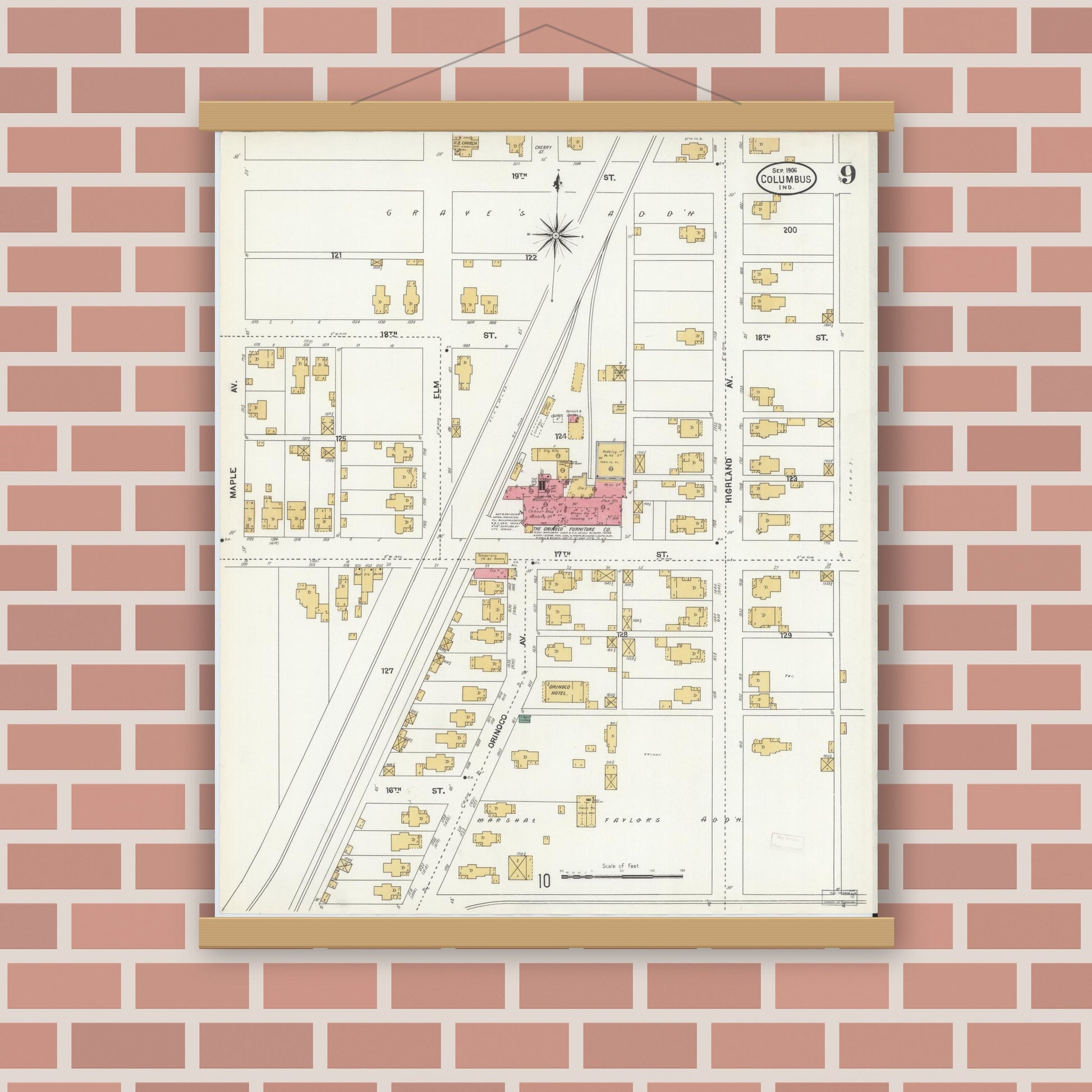 Old map wall art mockup — magnetic wood frame on brick wall — Sanborn Fire Insurance Map from Columbus, Bartholomew County, Indiana (1906), Sheet #0009